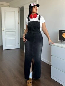 SHEIN Essnce 大码女式休闲牛仔连衣裙，配弹力吊带 - 黑色 - 查看 5