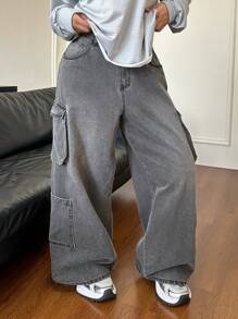 SHEIN EZwear 大码休闲宽松直筒灰色牛仔裤 - 灰色 - 查看 1