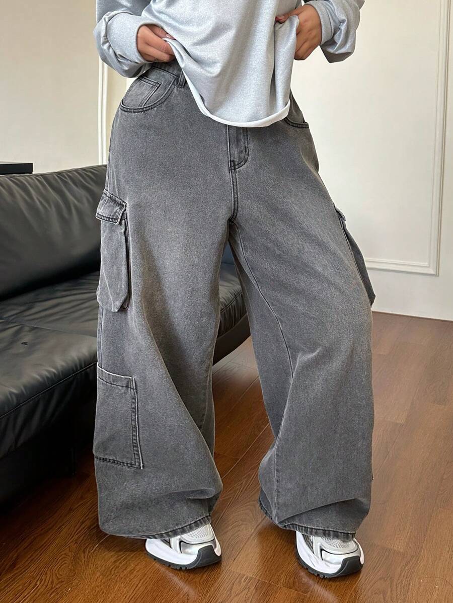 SHEIN EZwear 大码休闲宽松直筒灰色牛仔裤 - 灰色 - 查看 1