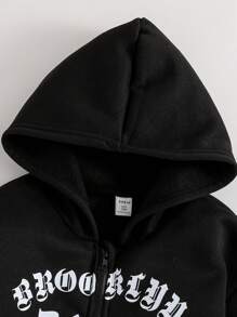 SHEIN Explorewe 2 件 Tween Girl 羊毛运动衫和运动裤套装，休闲朋克深色哥特式街头图案连帽衫和裤子套装 - 黑色 - 查看 4