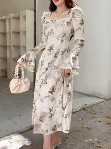 DAZY 女式花卉印花泡泡袖方领中长连衣裙，荷叶边，秋季服装长袖连衣裙 - 杏色 - 查看 4