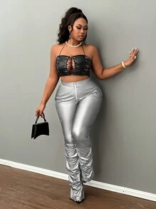 Slaydiva Quần dài đen trơn thanh lịch cỡ lớn có khóa kéo kim loại phía trước và xếp ly, thường ngày cho mùa thu/đông - Bạc - Xem 3