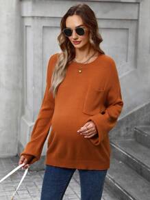 SHEIN 孕妇落肩口袋贴片长袖针织毛衣，适合冬季 - 鏽棕色 - 查看 4