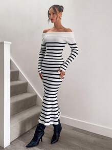 SHEIN Unity Stripe Off Shoulder Fitted Knit Long Sleeve Top & Bodycon Maxi Fish Tail Skirt, Sexy Women Dress Set - Black and White - View 1