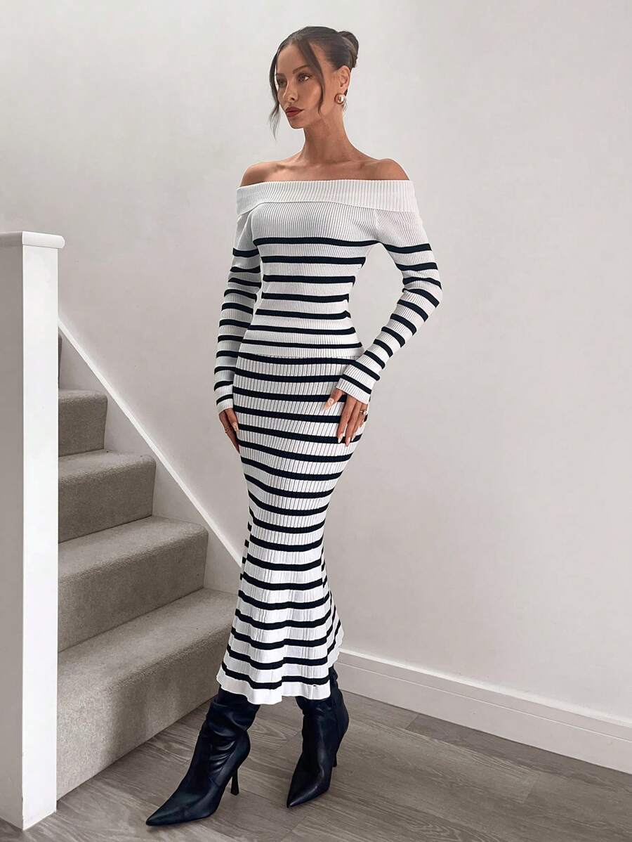 SHEIN Unity Stripe Off Shoulder Fitted Knit Long Sleeve Top & Bodycon Maxi Fish Tail Skirt, Sexy Women Dress Set - Black and White - View 1