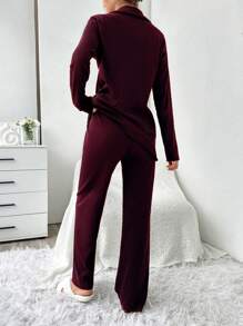 EURMUSE 100%Cotton Shirt Style Buttoned Striped Dark Blue 2-Piece Pajama Set - Burgundy - View 2