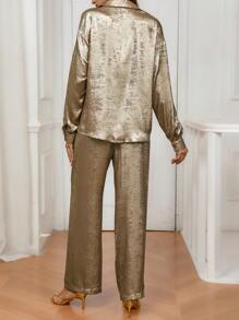 SHEIN 2pcs/Set Maternity Front Button Shirt And Pants Casual Two-Piece Outfit - Rust Brown - View 2