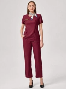 TaskEZ Burgundy Red Women Simple Badge Detail Waist Fitted Short Sleeve Top And Pants Work Uniform - Burgundy - View 10