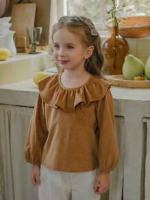 SHEIN 2 件套年轻女孩棕色荷叶边领灯芯绒上衣和杏色裤子套装，秋冬休闲乡村风格 - 黑色 - 查看 4