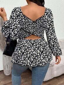 SHEIN Frenchy 大码女款碎花面料十字交叉背部设计 - 黑色 - 查看 1