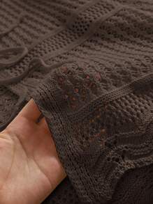 CosyJoli Plus Size Comfortable Casual Vacation Crochet Tie Front Loose Fit Cropped Cardigan, Light Apricot, For Winter,Fall Women Clothes Autumn,Slightly Sheer - Coffee Brown - View 5