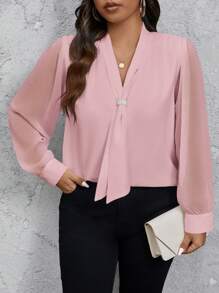 SHEIN Privé Plus Size Women White Pearl Collar Decor Tie Neck Ruched Texture Chiffon Formal Fitted Shirt For Work And Daily, Spring/Autumn - Pink - View 6