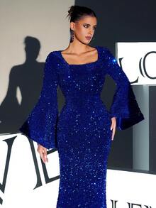 Square Neck Flounce Sleeve Sequin Formal Gown - Royal Blue - View 5