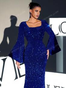 Square Neck Flounce Sleeve Sequin Formal Gown