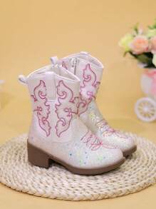 Giày bốt trẻ em, giày bốt cao đến giữa bắp chân, giày bốt cao gót thêu, giày bốt cao bồi miền Tây, mũi nhọn có khóa kéo bên hông - Màu be - Xem 5