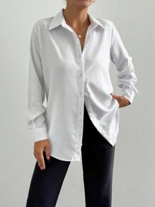 SHEIN Cottnline Solid Color Button-Front Elegant Fashion Long Sleeve Blouse - White - View 3