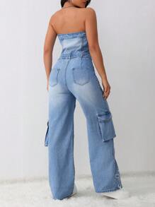 Cross Embroidered Bustier Denim Jumpsuit - Light Wash - View 2