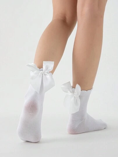 ROMWE Kawaii Women's Solid Color Bow Decor Mid-Calf Socks, Suitable For Daily Wear