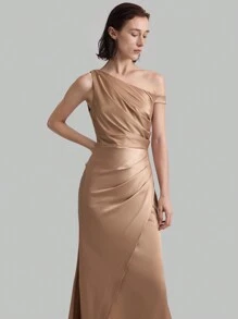 Ontre Sloping Shoulder Frills, Elegant, Light, Trailing, Super Women's Long Dress, Dress, Party, Festival, Show Figure, Show Elegant - Dusty Pink - View 4