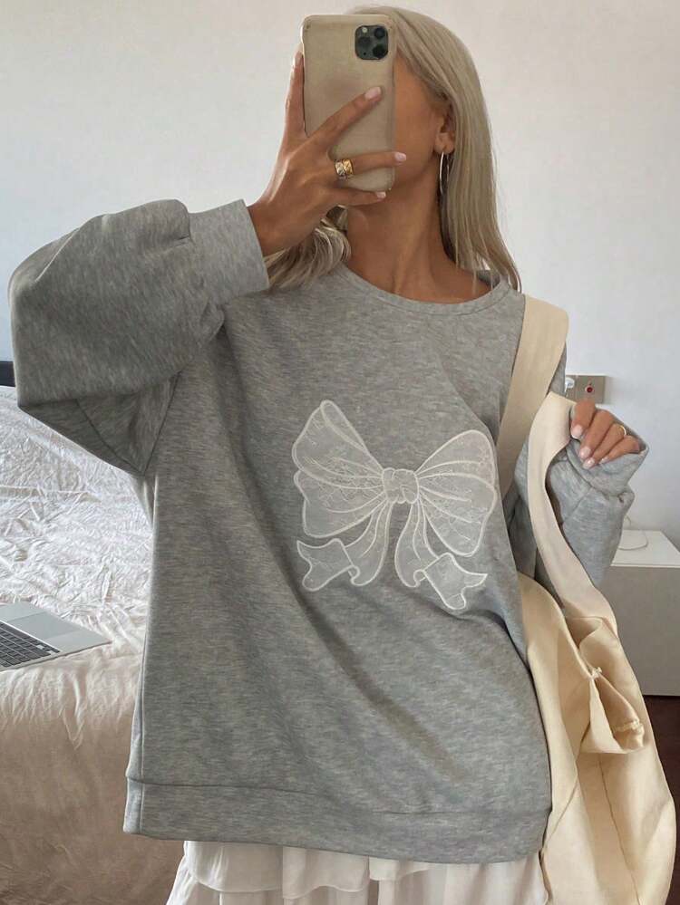 Autumn New Design Loose Fit Crew Neck Long Sleeve Women's Sweatshirt With Butterfly Lace Embroidered Pattern,Long Sleeve Tops,Fall Women Clothes