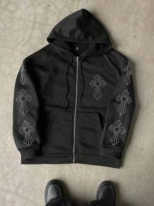Manfinity EMRG Men's Rhinestone Cross Printed Drawstring Hoodie Sweatshirt,Grunge Tops - Black - View 6