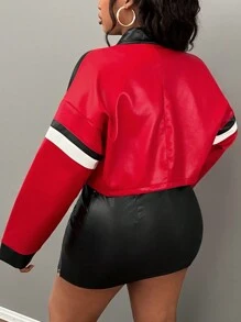 Slaydiva 大码街头摩托车双色 PU 夹克，短款长袖秋冬 - 彩色 - 查看 2