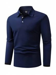 Manfinity Homme Plus Size Men's Solid Color Simple Casual Business Long Sleeve Polo Shirt - Blue - View 3