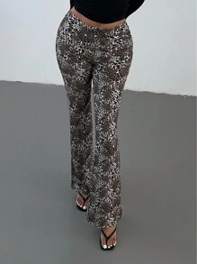 Aloruh 女士豹纹休闲裤，简约设计，适合日常穿着，感恩节性感秋季嬉皮士万圣节装扮，豹纹裤秋季款 - 卡其色 - 查看 1