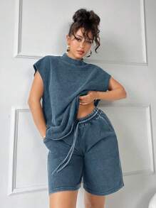 SHEIN SXY 2pcs Set: Distressed Linen Turndown Collar Drop Shoulder T-Shirt & Wide Leg Bermuda Shorts, Casual Summer Outfit - Navy Blue - View 4