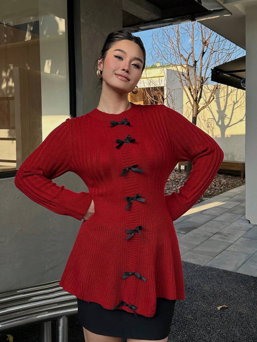 SHEIN Clasi Plus Size Christmas Bow Decor Round Neck Knit Sweater For Autumn/Winter Knit Pullover Fall - Red - View 1