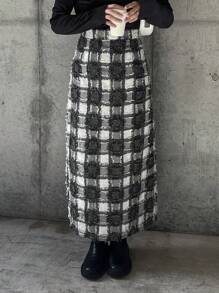 Livesso 女式格子印花A字长裙秋冬 - 深灰色 - 查看 7
