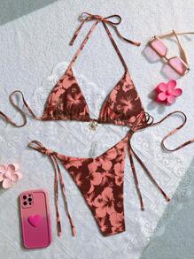 Swim Mod Summer Floral Print Halter Neck Crop Top And Tie Side Bikini Set, Beach Vacation - Multicolor - View 2