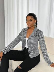 Zolique Damen elegante Hahnentritt-Jacke mit 3D Blumen Dekor für den Herbst