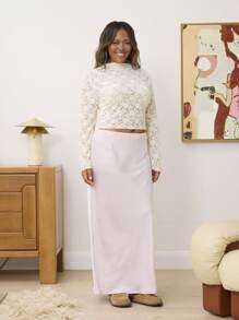 Aralina Curve Textured Satin With Lace Detail Waistband Pull On Maxi Skirt - Dusty Pink - View 4