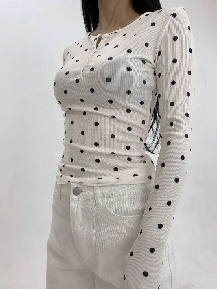 Autumn New Fitted Polka Dot Women T-Shirt, Casual Everyday Wear Long Sleeve Women Tops
