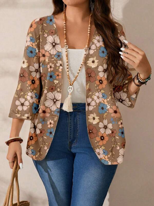 SHEIN LUNE Casual Retro Floral Pattern Plus Size Women Lightweight Jacket