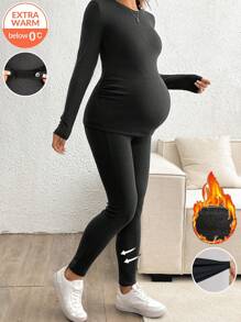 SHEIN Pregnant Women Thick Thermal Lined Long Sleeve Fitted Top And Pants Set, For Maternity, For Winter - Dark Grey - View 3