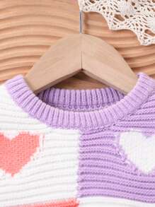 Ensembles de pulls pour bébés filles, pull col rond avec motif tricoté en bloc de couleurs en forme de cœur, manches bouffantes, et pantalon évasé à la mode, 2 pièces