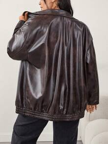 SHEIN CURVE+ Plus Size Distressed PU Leather Loose Jacket With Pockets Winter Fall Autumn