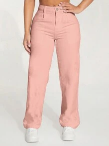 SHEIN PETITE Casual Solid Color Straight Leg Jeans With Oblique Pockets, For Autumn