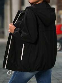 SHEIN LUNE Áo khoác trùm đầu cỡ lớn có khóa kéo phía trước, có túi, mặc thường ngày - màu đen - Xem 2