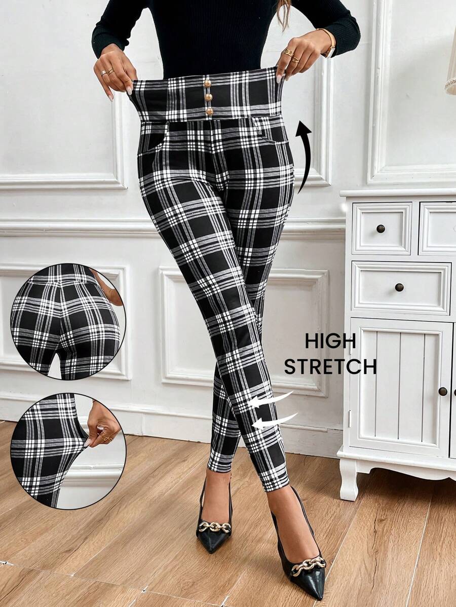 SHEIN Clasi Women's Elegant Casual High Waisted Fitted Plaid Print Metal Buckle Decor Knit Pants Teachers' Day Back-To-School Office Work Black And White Summer - Black and White - View 1