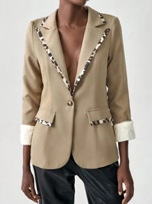 Chiquease Áo khoác blazer nữ tay dài cài nút phía trước màu trơn có túi giả thường ngày - Màu Khaki - Xem 4
