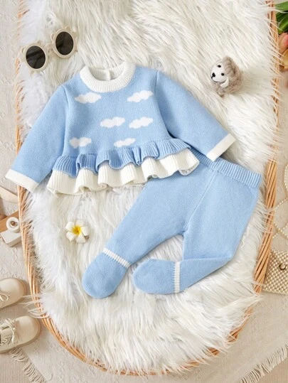 SHEIN 2 件装女婴时尚休闲可爱云朵图案长袖圆领蓝色针织毛衣和蓝色针织打底裤套装，柔软面料适合日常、外出、旅行、度假、居家、日托和儿童玩耍穿着