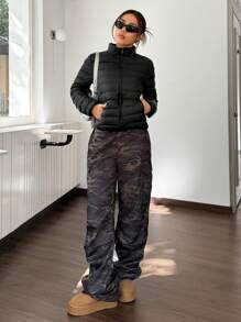 SHEIN EZwear Lightweight Stand Collar Slant Pocket Down& Feathers Coat For Women, Winter Clothes