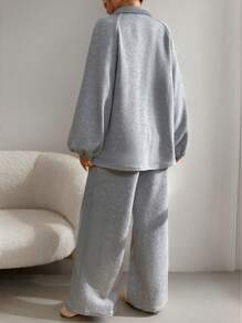 SHEIN Essnce 2pcs Women Fall Sets Women's Casual Solid Color Textured V Neck Long Sleeve Top And Straight Wide-Leg Pants Elastic Waist Pants Women Pants Set Winter Women Sets Outfit Sets Fall Two Pieces Sets Airport Women Outfits - Grey - View 2