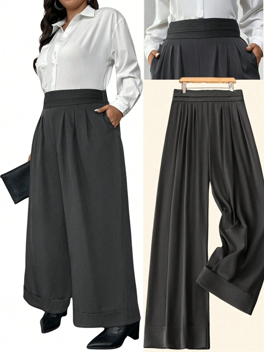 Calvaya 大码高腰褶皱阔腿裤，工作服 - 灰色 - 查看 1