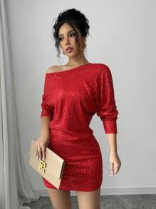 Selianne Elegant Red Sequin Batwing Sleeve Asymmetrical Neck Party Dress For Autumn,70's Style,Perfect For Christmas & New Year Holiday Celebrations - Red - View 6