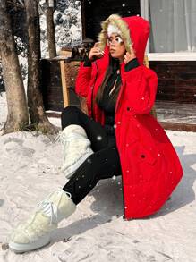 Calvaya 大码女式拉链前口袋长款休闲连帽加厚棉服外套，冬季服装新年服装 - 紅色 - 查看 3
