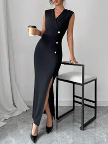 Elenzga Vestido largo y ajustado sin mangas con escote en V profundo y abertura lateral para mujer, conjunto de vestido negro largo para mujer - Negro - Ver 4